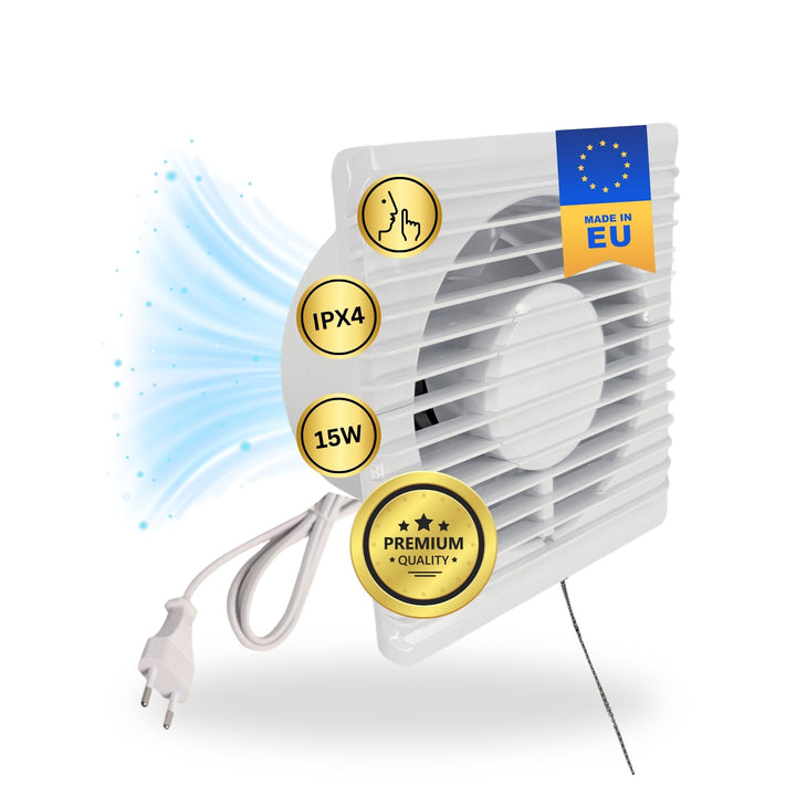 230V Badlüfter mit Kabel Schalter und Stecker IPX4 125mm Abluft/Zuluft Lüfter Ventilator mit Netzste