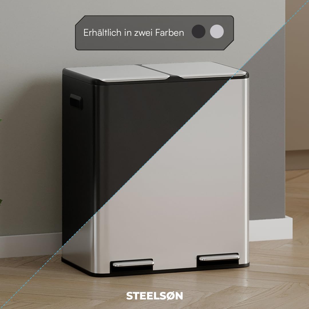 STEELSØN Elyron Mülleimer 2 Fächer – Mülltrennsystem Küche 2x30L aus Edelstahl Silber – Tretmülleime
