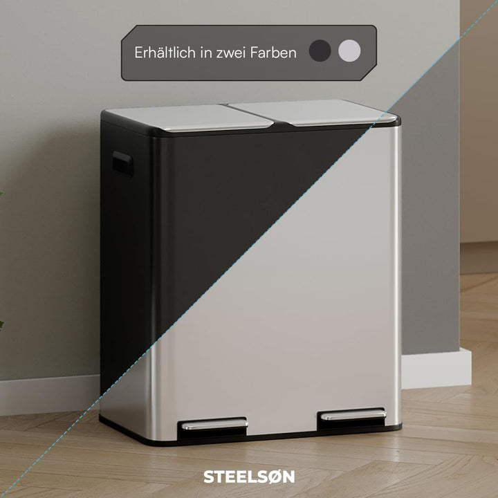 STEELSØN Elyron Mülleimer 2 Fächer – Mülltrennsystem Küche 2x30L aus Edelstahl Silber – Tretmülleime