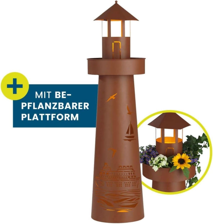 Hoberg LED Pflanzsäule im Leuchtturm Design und maritimer Stanzung in Rost-Optik | In- und Outdoor g