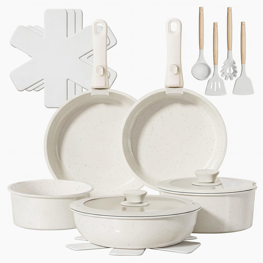Topfsets Pfannenset 17-Teilig Antihaft-Keramik-Kochgeschirr-Set mit Abnehmbaren Griffen, Pfanne 20/2