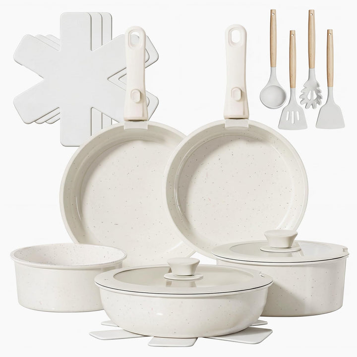 Topfsets Pfannenset 17-Teilig Antihaft-Keramik-Kochgeschirr-Set mit Abnehmbaren Griffen, Pfanne 20/2