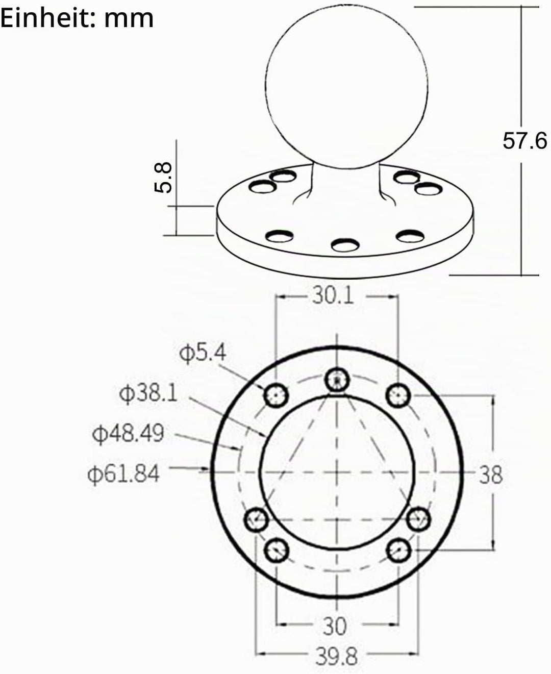 1,5 Zoll/C-Grösse / 38mm Kugelhalterung aus Aluminiumgusslegierung, AMPS-Loch-Rundplattenbasis, Komp