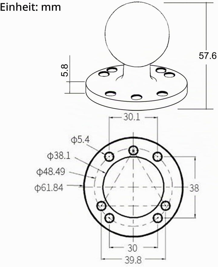 1,5 Zoll/C-Grösse / 38mm Kugelhalterung aus Aluminiumgusslegierung, AMPS-Loch-Rundplattenbasis, Komp