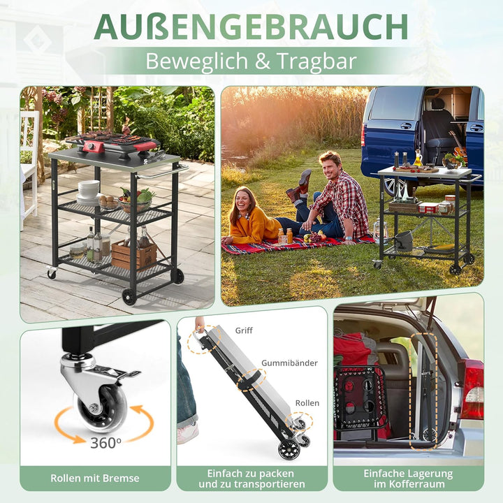 LUE BONA Grillwagen Zusammenklappbar,Grilltisch mit 2 Ablagen,Outdoorküche Beistelltisch auf Rädern,