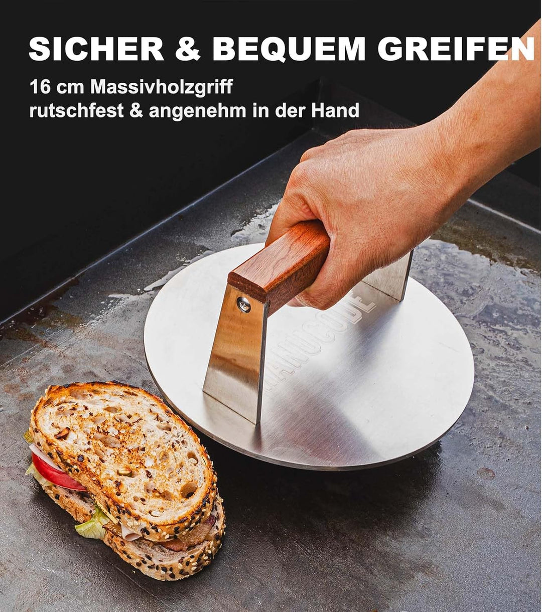 Manucode Pro-Grade 20,5cm Edelstahl Grillpresse – 1,42kg Hochleistungs-Burgerpresse mit Nicht verdre