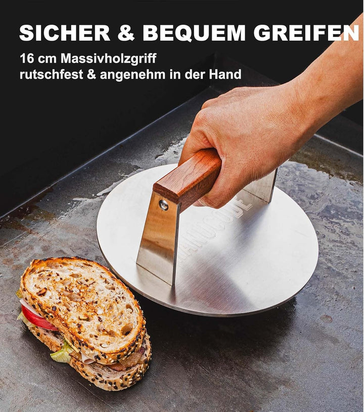 Manucode Pro-Grade 20,5cm Edelstahl Grillpresse – 1,42kg Hochleistungs-Burgerpresse mit Nicht verdre