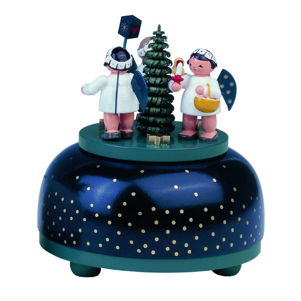 KWO Olbernhau 13013 Spieldose klein Engel mit Geschenk, 11 cm