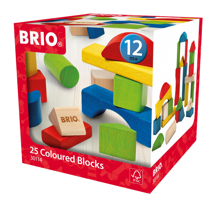 BRIO 30114 Bausteine - Bunte Holzbausteine, Holzspielzeug mit 25 bunten Holzklötzchen, Baby Spielzeu