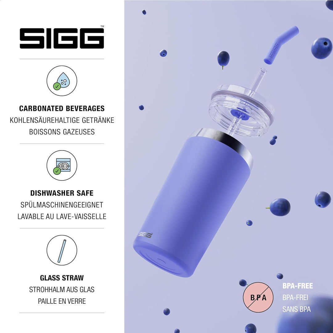 SIGG - Isolierbecher - Travel Mug Helia - Mit wiederverwendbarem Glastrinkhalm &amp; Reinigungsbürste -