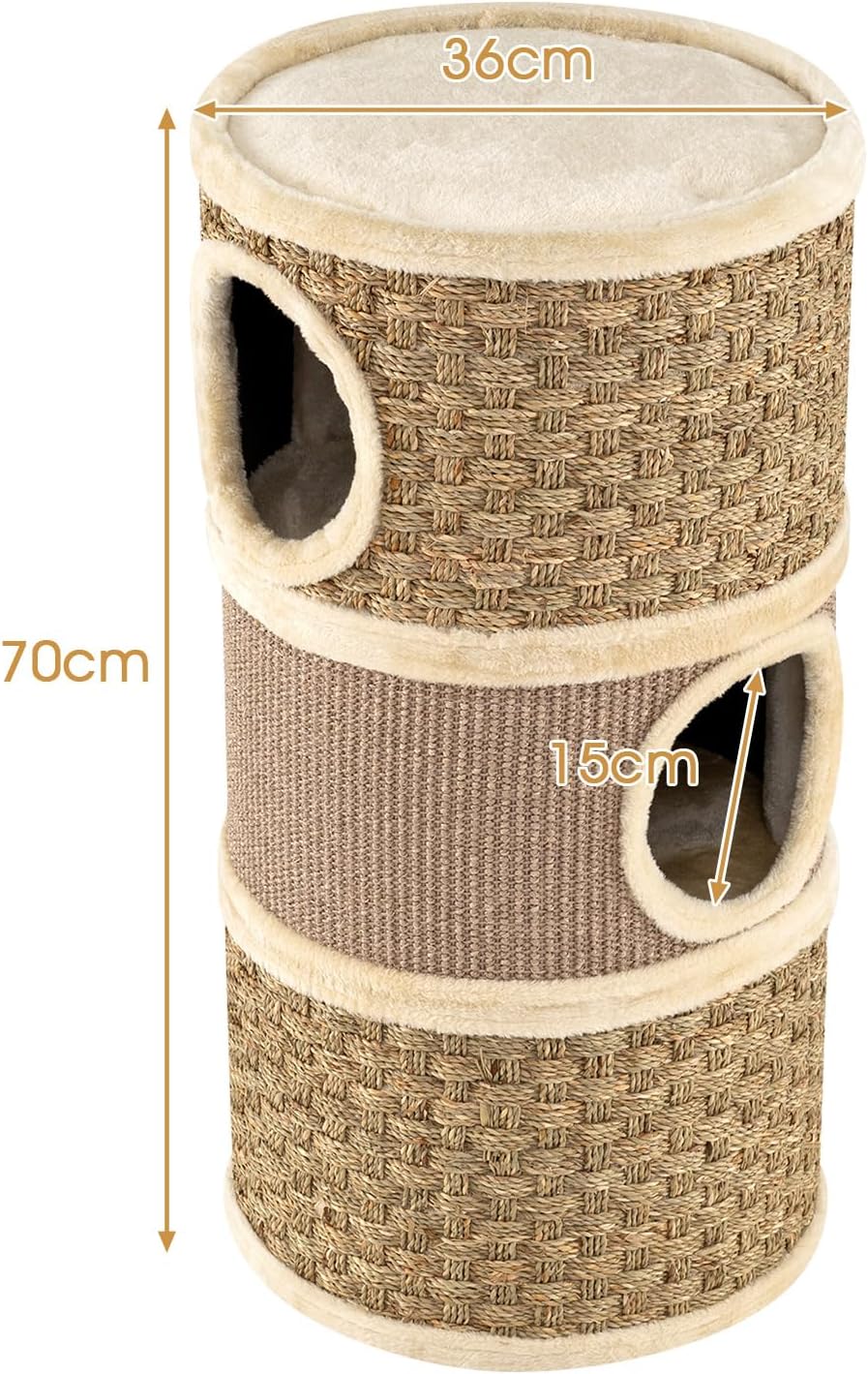GOPLUS Kratztonne 3 Ebenen, 70 cm Katzentonne mit 3 Höhlen, Sisal-Kratzbrett, Plüschbett & Seetangse