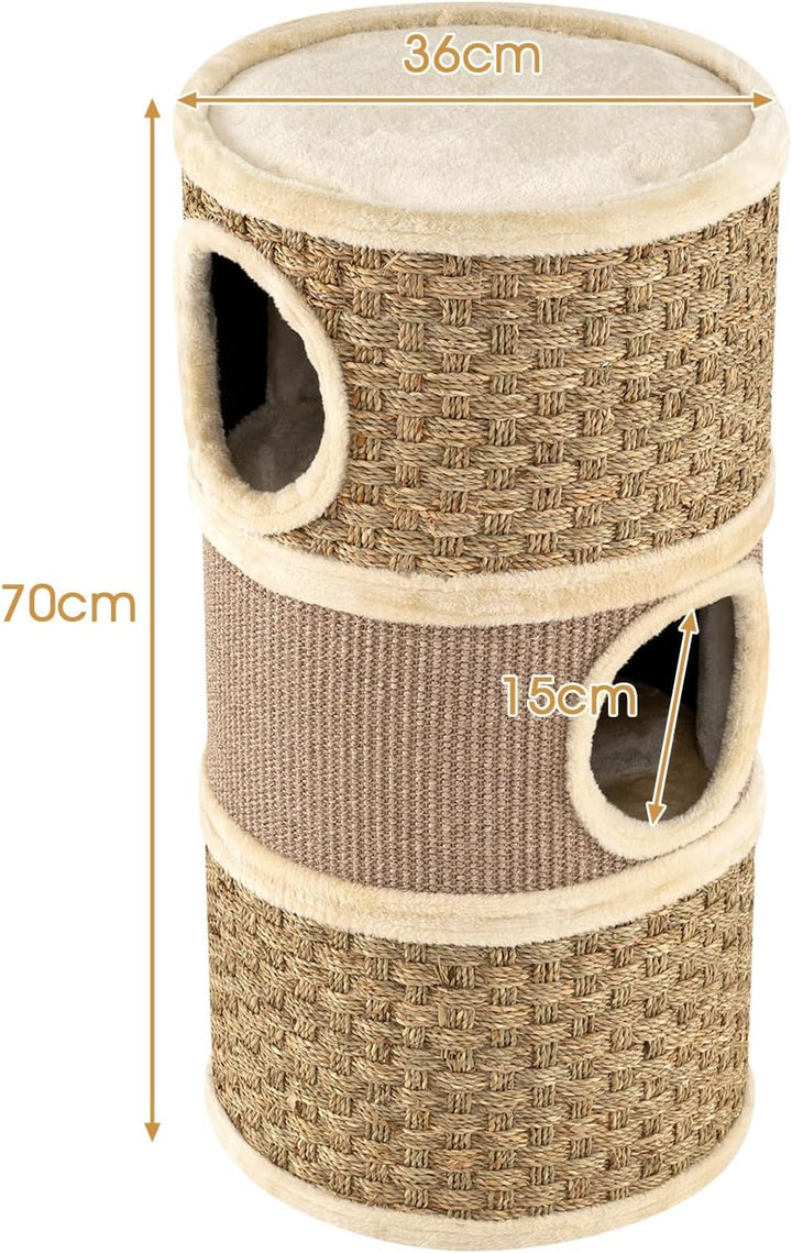 GOPLUS Kratztonne 3 Ebenen, 70 cm Katzentonne mit 3 Höhlen, Sisal-Kratzbrett, Plüschbett & Seetangse