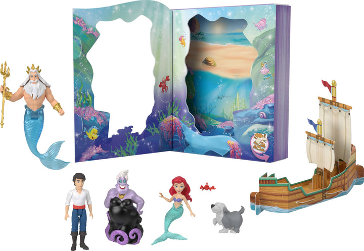 Mattel Disney Princess Toys, Arielle Mermaid Doll Story Set mit 4 kleinen Puppen, 2 Tierfiguren &amp; 1