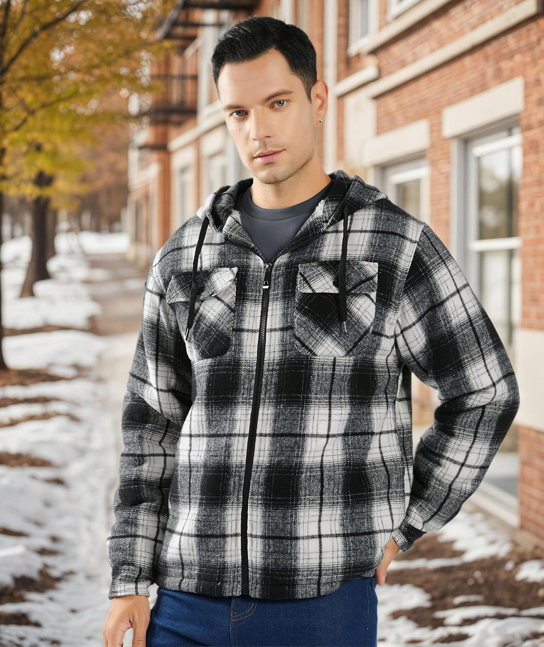 JACKETOWN Hemdjacke Herren Kariertes Winterjacke Thermohemd Fleece Gefüttert Freizeit Jacke mit Kapu