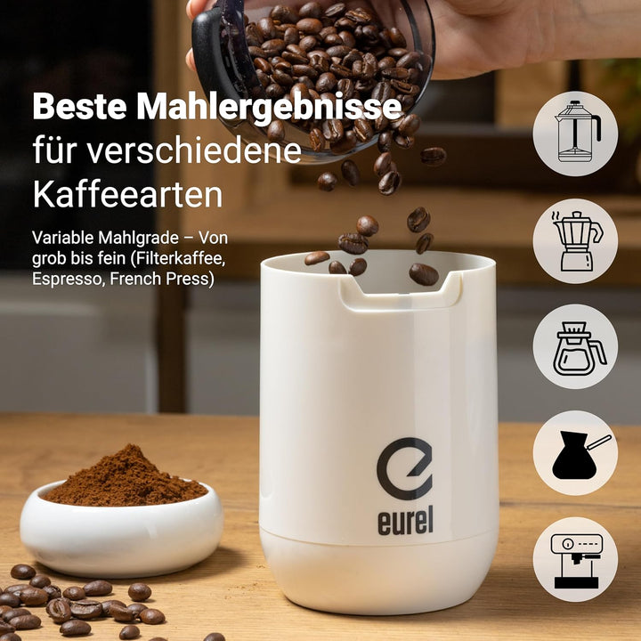 EUREL KMA weisse Kaffeemühle | Beste Mahlergebnisse I Mahlgrad variabel I Edelstahl Mahlbehälter und
