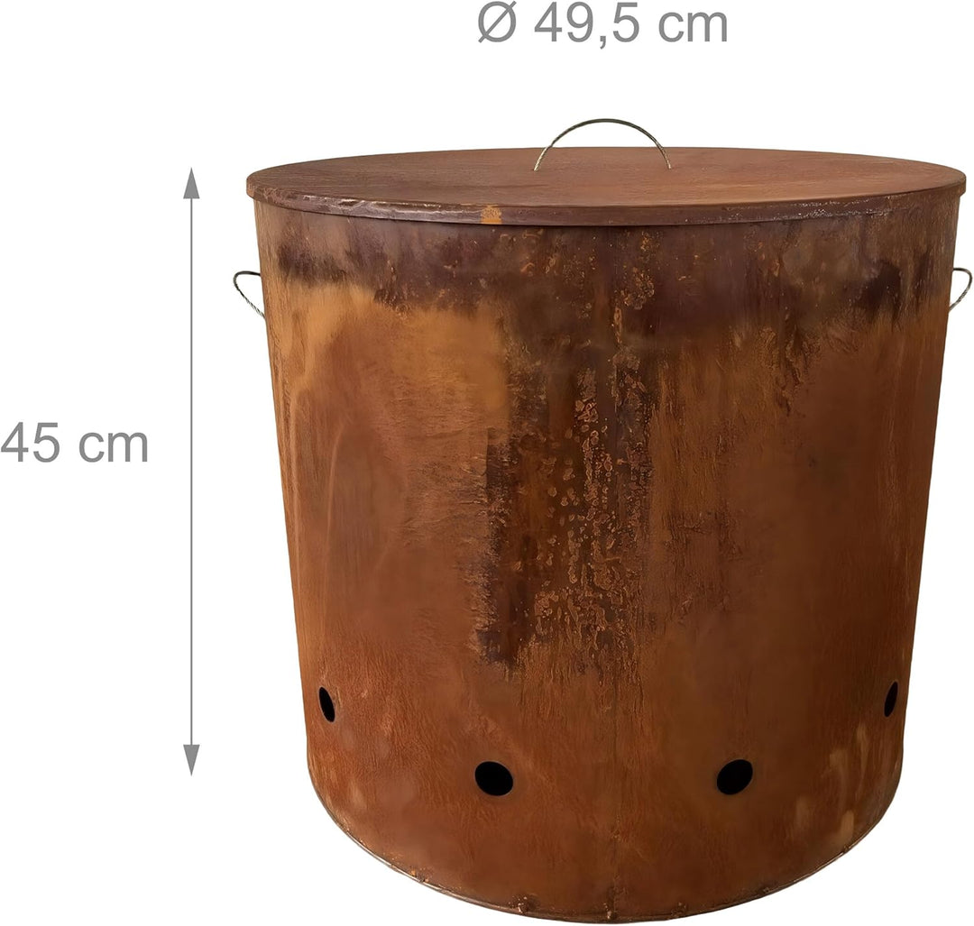 Relaxdays Feuertonne, Cortenstahl, Rostoptik, HxD: 45 x 49,5 cm, Industrial Feuerschale mit Deckel,