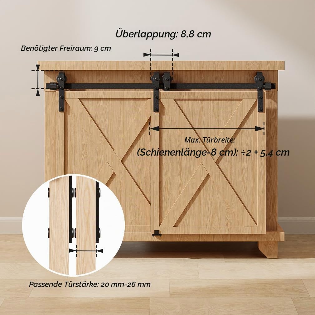 Mini Schiebetür Komplettset Schiebetürbeschlag 122cm Laufschiene mit Rollen Schiebetürsystem für Byp