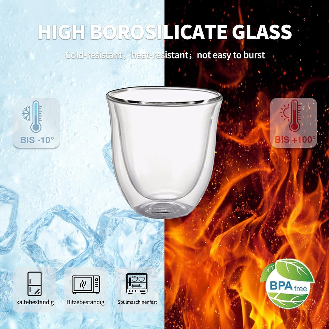 Espressotassen Glas 80 ml 6er Set – Doppelwandige Espressogläser aus Borosilikatglas, Isolierend & H