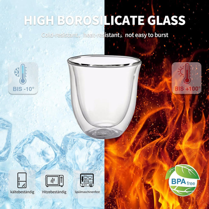 Espressotassen Glas 80 ml 6er Set – Doppelwandige Espressogläser aus Borosilikatglas, Isolierend & H