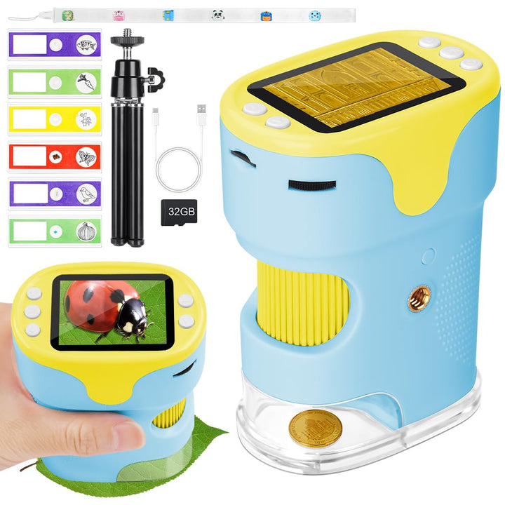 AXFEE Mikroskop für Kinder, 1000X Tragbares Taschenmikroskop mit LED, Mini-Mikroskop mit 2,0" LCD-Di