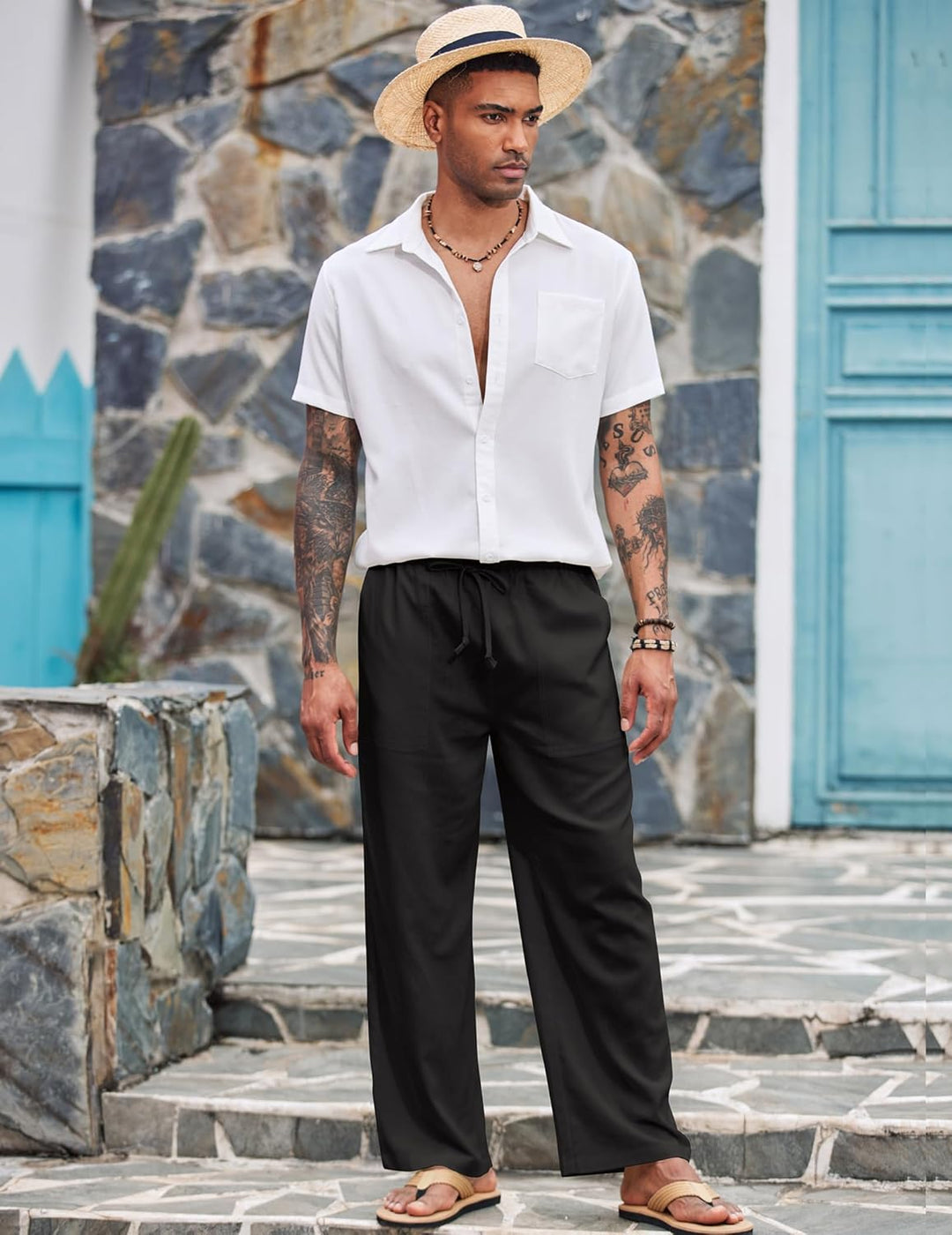 COOFANDY Leinenhose Herren mit Tunnelzug Herrenhose Leicht Sommerhose Freizeithose Einfarbig Leinen