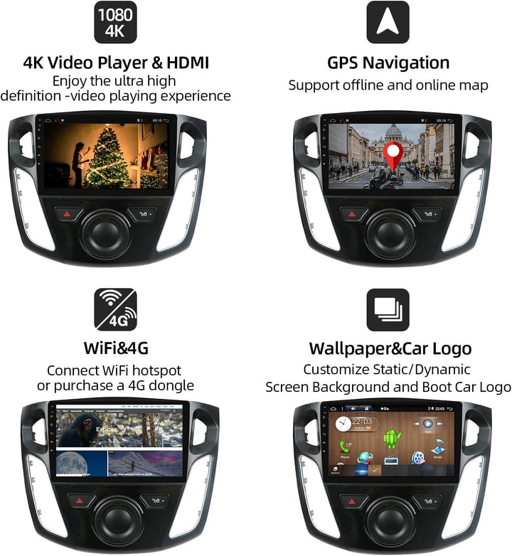 PX6 Autoradio Android 12 Passt für Ford Focus (2012-2017) - 4G+64G - Rückfahrkamera + Canbus - IPS 9