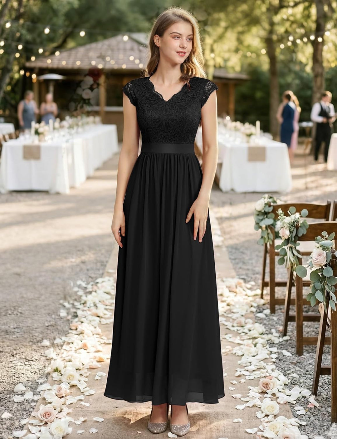Dressystar Damen Abendkleid Lang Elegant für Hochzeit Spitze Chiffon Maxi Ballkleider Flügelärmel Co