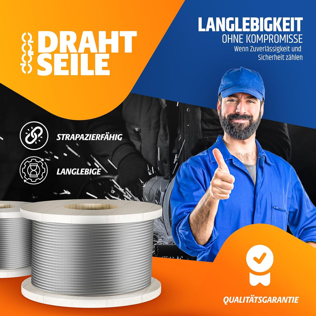 DQ-PP STAHLSEIL – Konstruktion: 1x19 – Durchmesser: 1,5mm – Länge: 100m – galvanisch verzinktes Drah