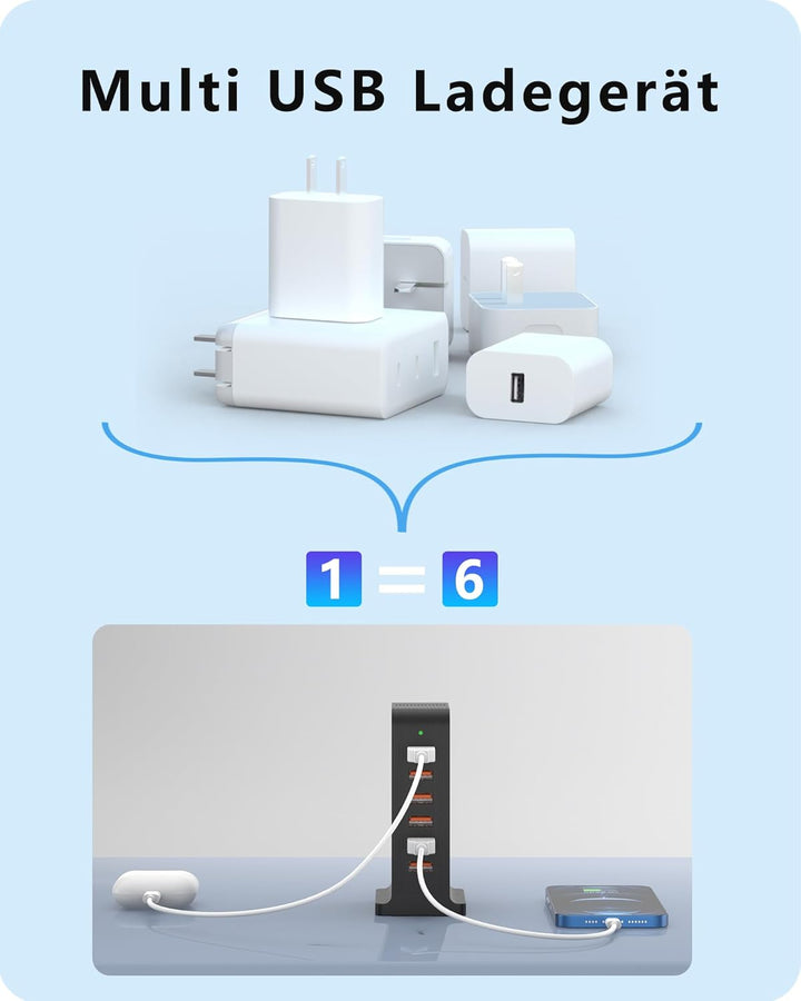 POANES 6 Port USB Ladestation 50W USB Ladegerät Mehrfach USB-C Handy Netzteil Mehrfachstecker Chargi