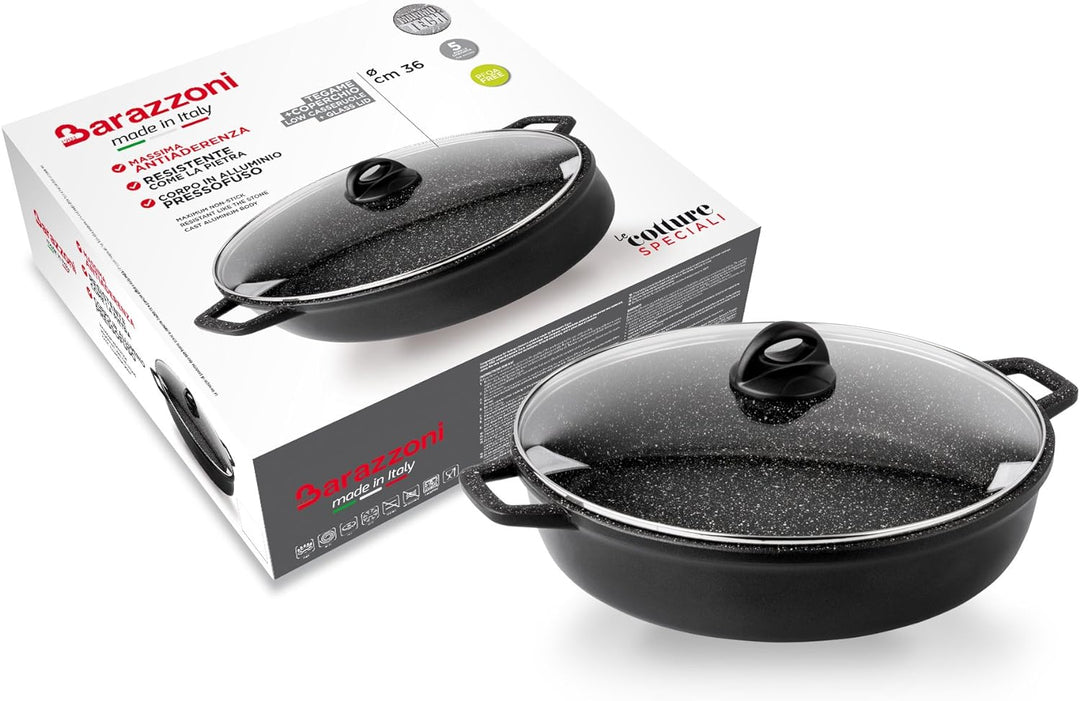 Barazzoni Le Cooking Spezialpfanne mit Deckel, Aluminiumdruckguss, Schwarz, 36 cm Stielkasserolle cm