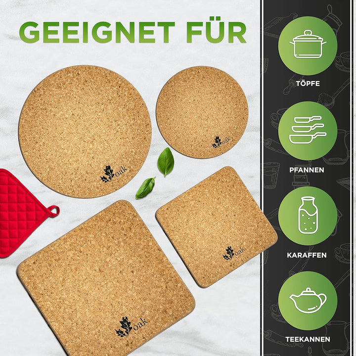 Voak® Topfuntersetzer Korkuntersetzer 4er Set | 2 runde 2 eckige Kork Untersetzer | 100% Natur Kork