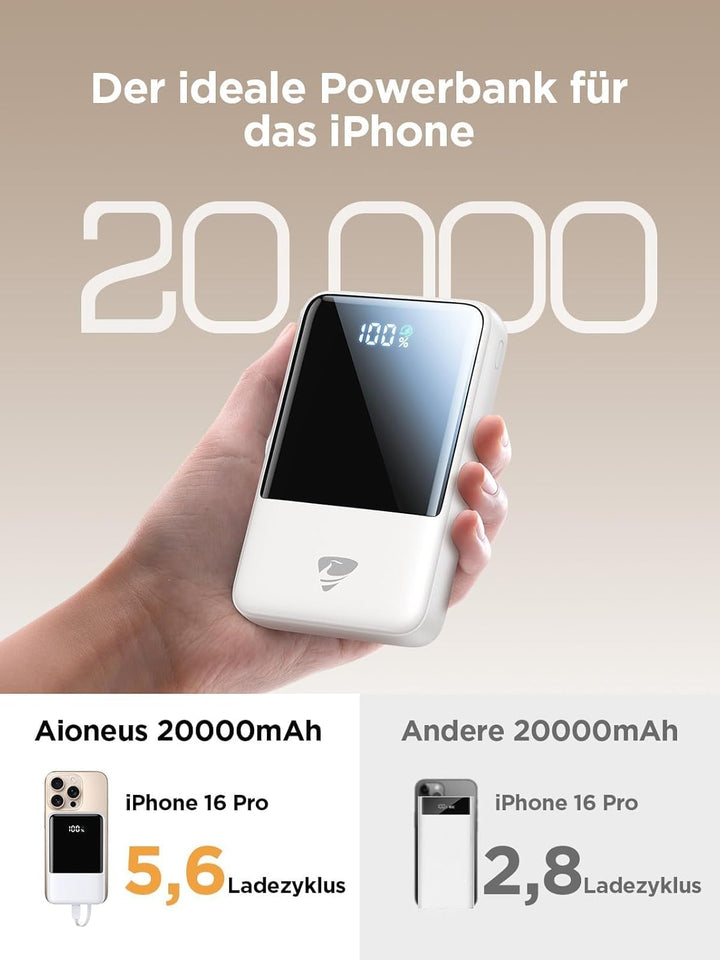 Aioneus Power Bank 20000mAh, Powerbank mit integriertem Kabel, 22,5W Schnellladefunktion, USB-C EIN-