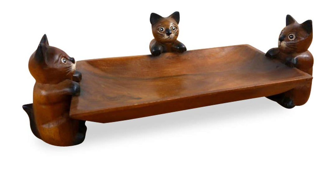 livasia Holzschale mit DREI Katzen (Handarbeit) Servierschale Obst und Gebäckschale Brot und Brötche