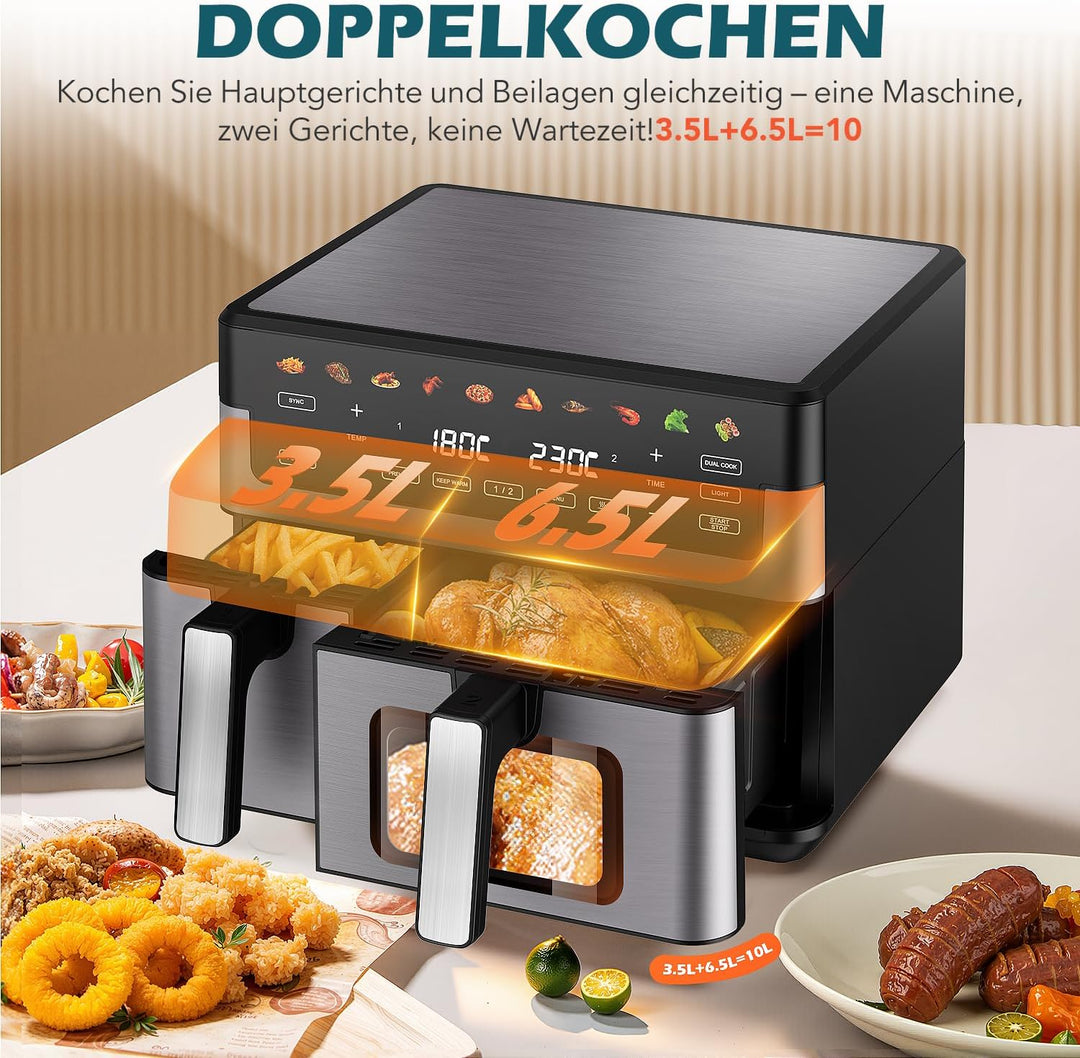 Airfryer Dual Basket 10L 2 Körbe 2 Gerichte Gleichzeitig Fertig Weniger Fett Energieeffizient Einfac
