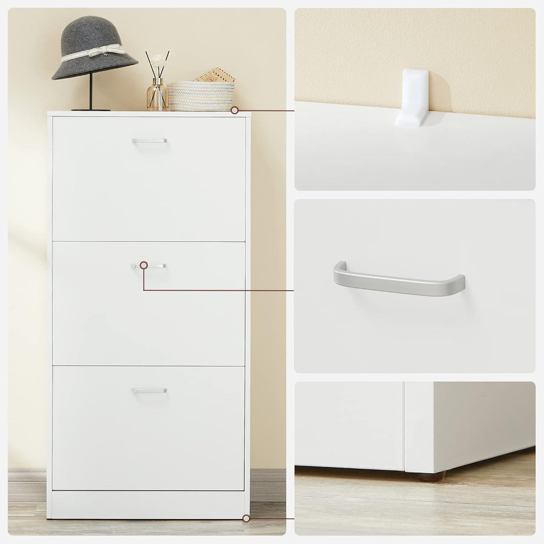 VASAGLE Schuhschrank mit 3 Klappen, Schuhregal, Schuhkipper, Schuhkommode mit 3 Tiefen Fächern, Weis
