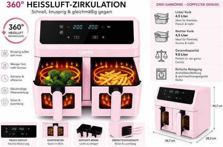 DMS® Doppelkammer Heissluftfritteuse 9L 2000W Air Fryer, Digitales Touch-Display, Dual Zone, 8 Autom