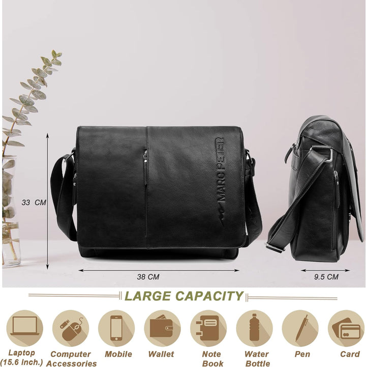 Marc Peter® Bergen leder Umhängetasche für Herren Damen | 15.6 Zoll Laptoptasche | Aktentasche aus e