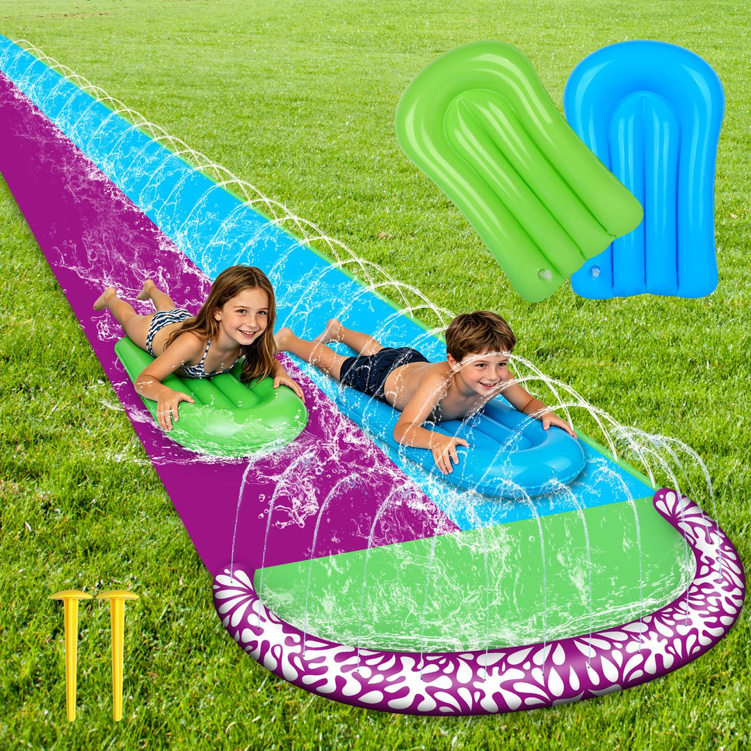 Wasserrutsche Garten für Kinder, 610x240cm Wasserrutschmatte mit 2 Bodyboards, Doppelrutsche mit Ein