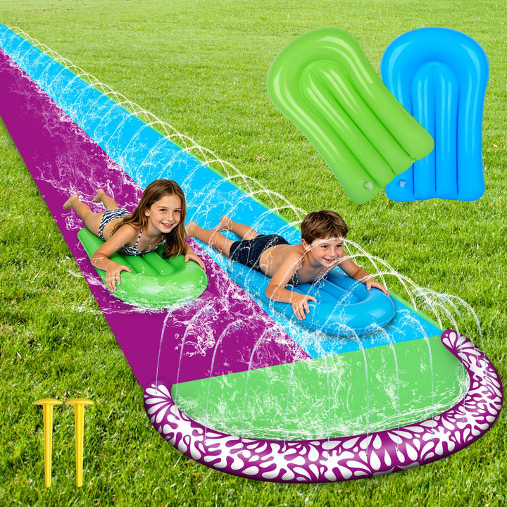 Wasserrutsche Garten für Kinder, 610x240cm Wasserrutschmatte mit 2 Bodyboards, Doppelrutsche mit Ein