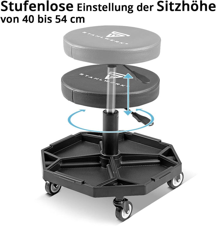 STAHLWERK Höhenverstellbarer Werkstatthocker WRH-136 ST bis 136 kg belastbar, 40-54 cm Sitzhöhe, mit
