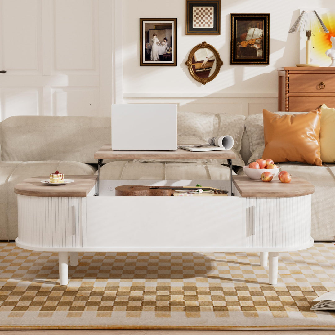 Couchtisch mit Hebeplatte – Moderner Holztisch mit Einzigartiger Textur & Verstecktem Stauraum, Kaff