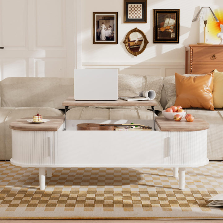 Couchtisch mit Hebeplatte – Moderner Holztisch mit Einzigartiger Textur & Verstecktem Stauraum, Kaff