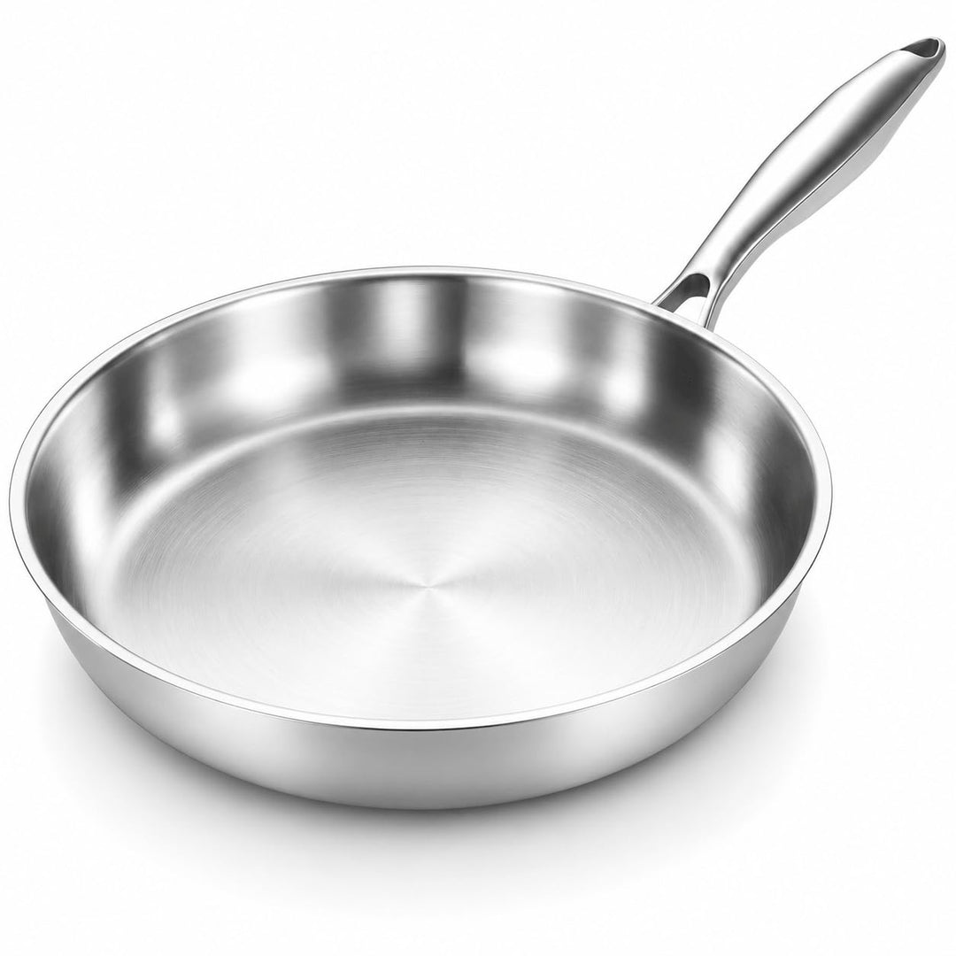 Edelstahlpfanne 28 cm, Unbeschichtete Bratpfanne für Induktion, Durchgehend 3-lagig (3 mm), Backofen