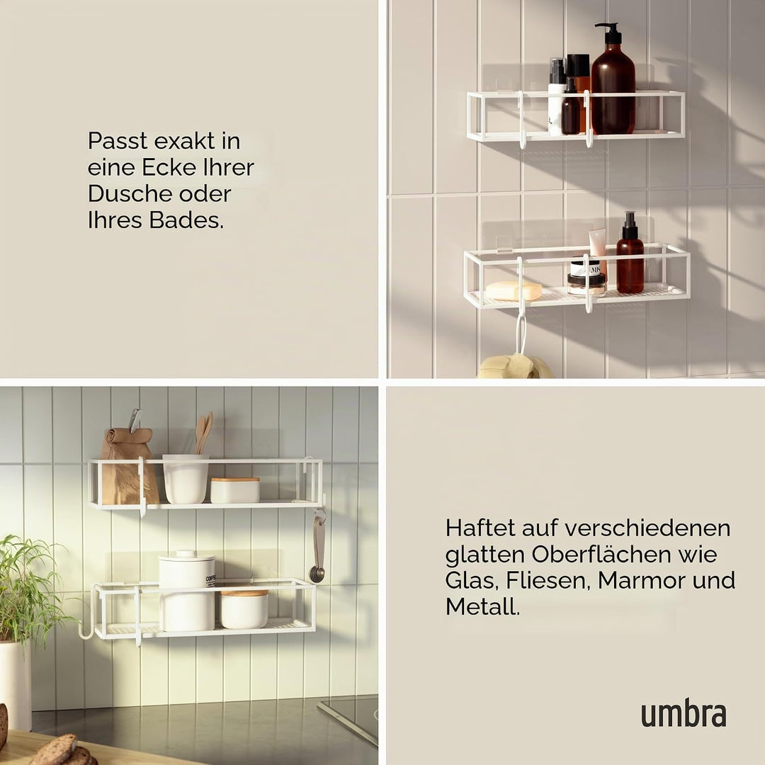 Umbra Cubiko Duschablage, Duschregale ohne Bohren mit Haken, Weiss, 2er-Set Weiss Duschkorb, Weiss D