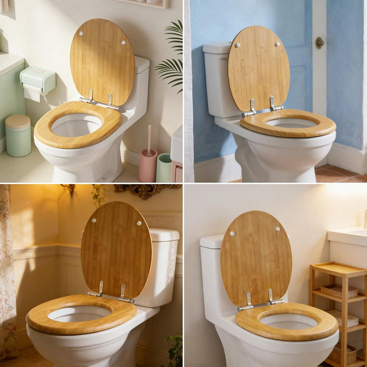 Toilettendeckel mit Absenkautomatik Holz - WC Sitz Bambus O-förmiger MDF Klodeckel Antibakterieller