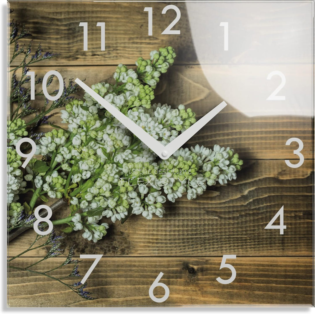 FLEXISTYLE Wanduhr küche Wohnzimmer 30 x 30 cm, aus Glas, mit Direktdruck eckig modern (Fliederbund)