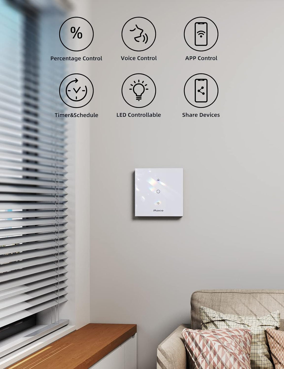 Homekit Rolladenschalter, Maxcio Jalousieschalter mit Timer/Steuerbare LED, Steuerung via Siri, Alex