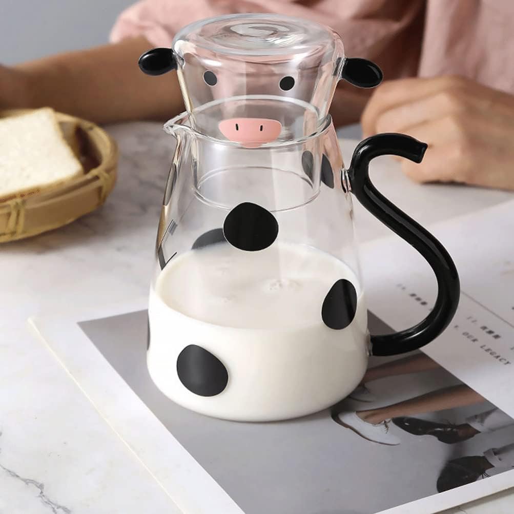 Cabilock Glaskaraffe Milchkrug Wasserkaraffe Kuh Muster Milchkaraffe Glas Glaskrug mit Tasse Glas Sa