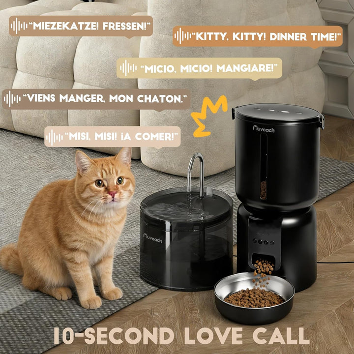 Auveach Futterautomat Katze und Katzenbrunnen Set - 4L 2.4G WiFi Futterspender mit Programmierbarem