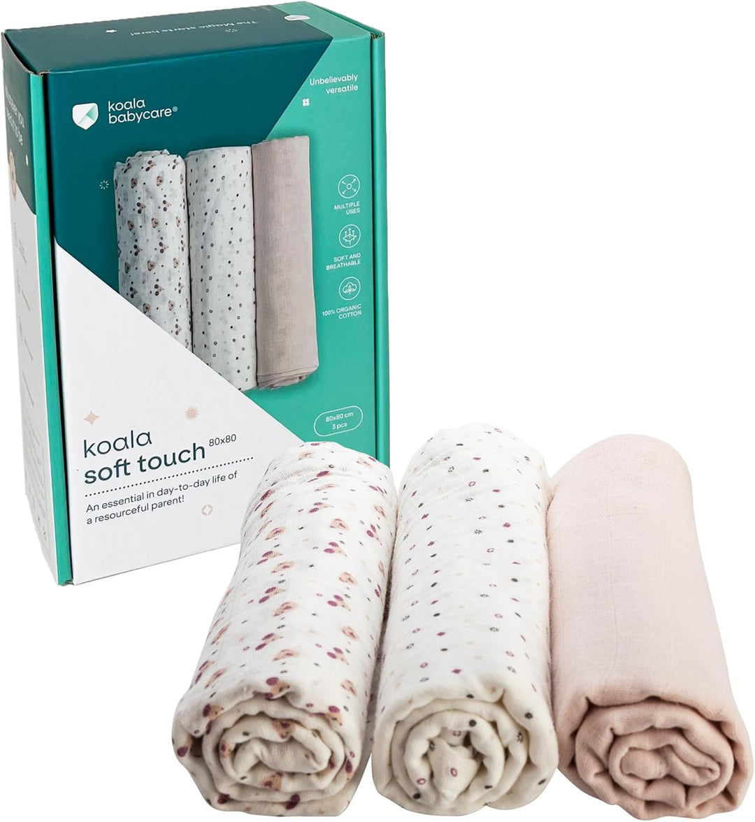 KOALA BABYCARE - Neugeborenes Musselin 80x80 cm - Packung mit 3 Stück - Neugeborenen-Baumwolldecke -